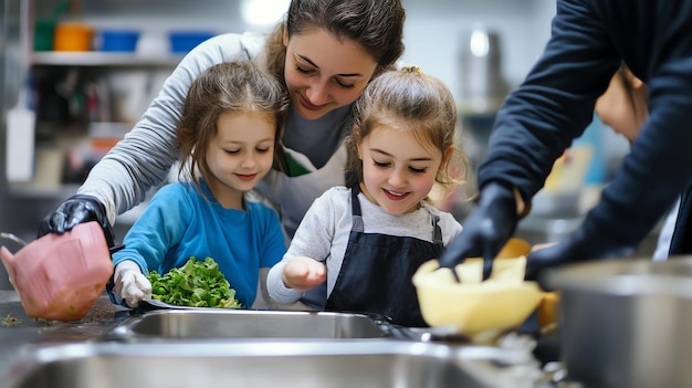 Photo a mother helps her two daughters prepare a meal