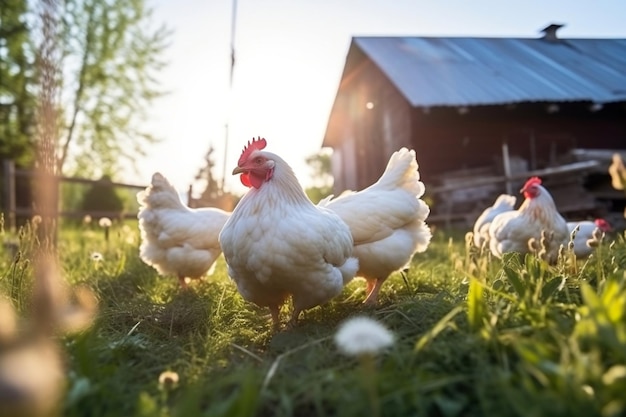 A mother hen with her chickens outdoors grazing on a sunlit pasture Generative Ai