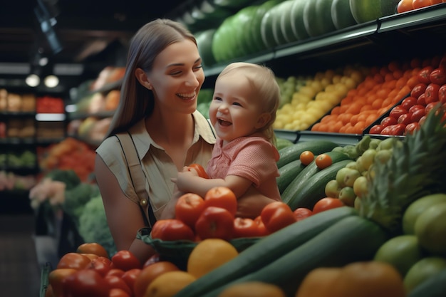 A mother and her baby are shopping at a grocery store.