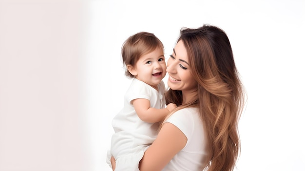 A mother and her baby are smiling and holding a baby.