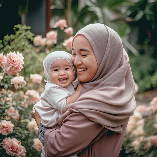 A mother and her baby are smiling and holding each other in front of a garden with pink flowers