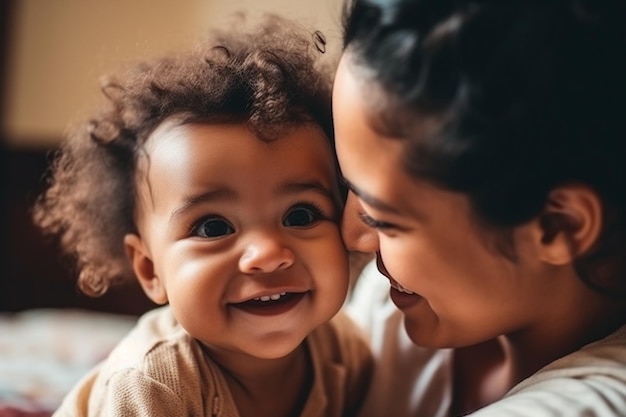 A mother and her baby are smiling and looking at the camera.