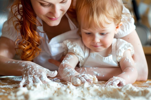 Mother and her baby bake together in a cozy kitchen