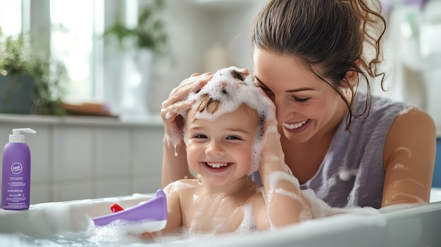 a mother and her baby bath in a bathtub