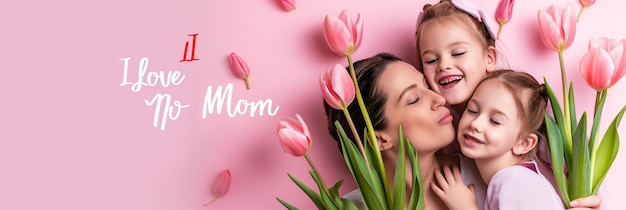 mother and her baby on a pink background with the word mom on the pink wall