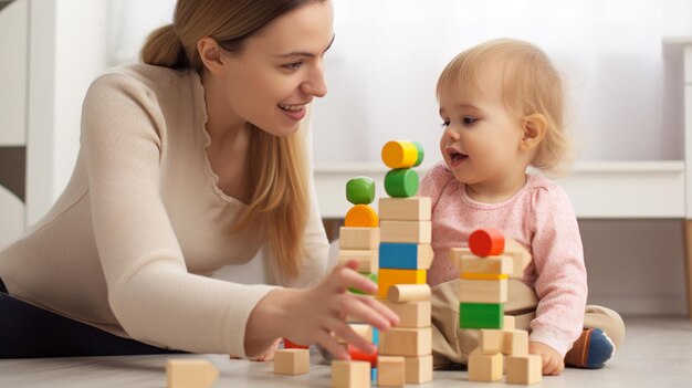 A mother and her baby playing with wooden blocks