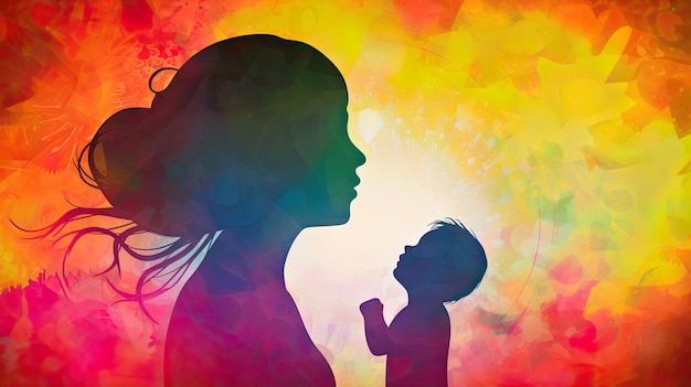 A mother and her baby silhouetted against a colorful background.