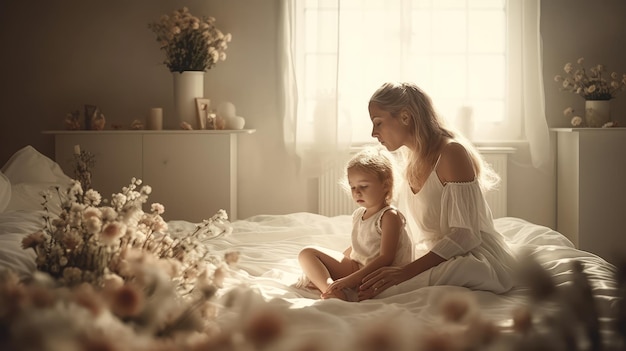 A mother and her baby sit on a bed in a bedroom.