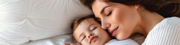 A mother and her baby sleeping on a bed