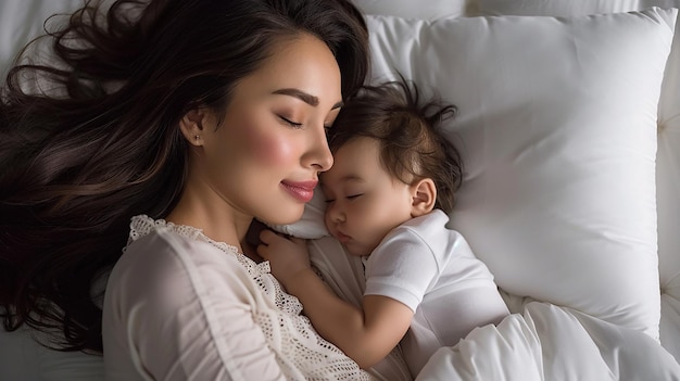 A mother and her baby sleeping on a bed