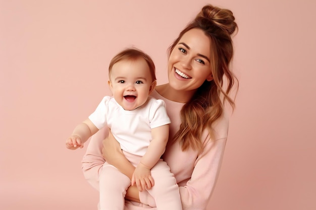 a mother and her baby smiling in pink