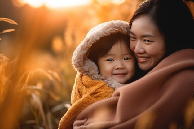 A mother and her child are hugging in a field of golden wheat.