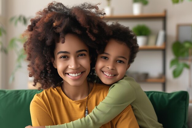 A mother and her child are hugging and smiling