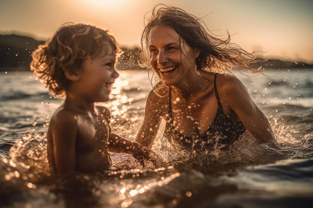 A mother and her child are playing in the water at sunset.