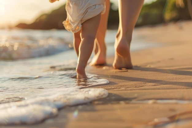 A mother and her child are walking on the beach