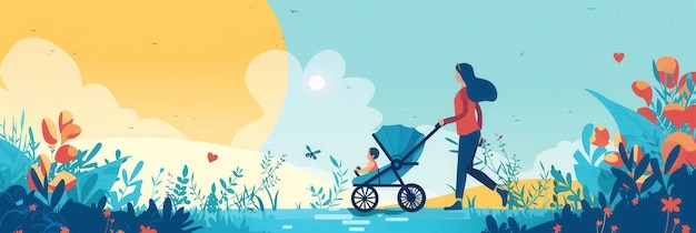 A mother and her child enjoy a walk in a stroller surrounded by bright flowers and a blue sky Generative AI