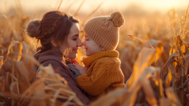 Photo mother and her child navigating through a tall corn maze laughing as they try to find their way out