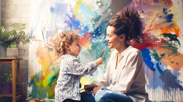 Photo a mother and her child painting together their canvas a riot of colors and shared creativity