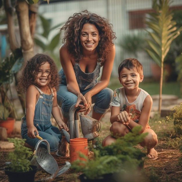 A mother and her children plant a tree in a garden.