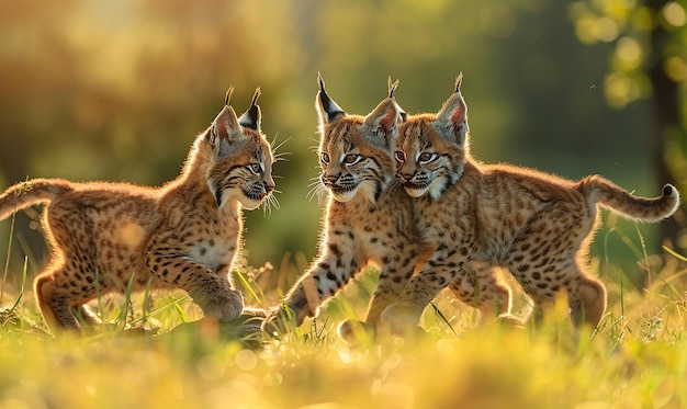 a mother and her cubs are running in the grass