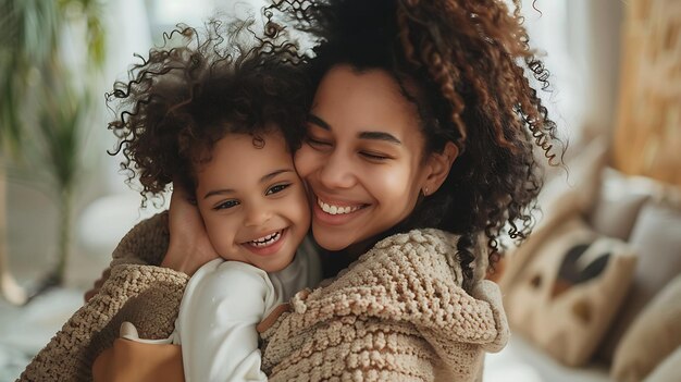 A mother and her daughter are hugging each other They are both smiling and look happy The mother has her eyes closed