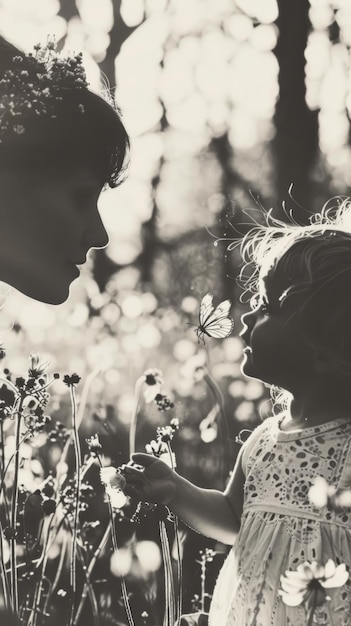 Photo a mother and her daughter stand in a field of wildflowers