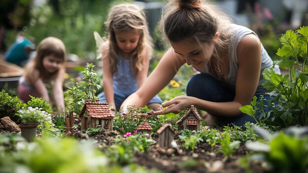 Photo a mother and her daughters creating a fairy garden in their backyard