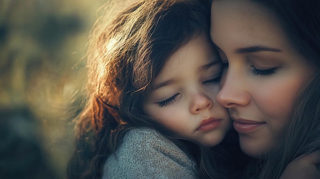 Photo mother and her little child embrace as healthy loving caring parenting concept