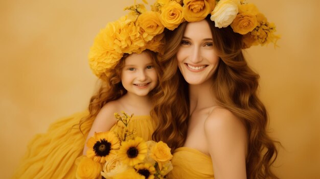 Mother and her little daughter wearing a crown full of flowers