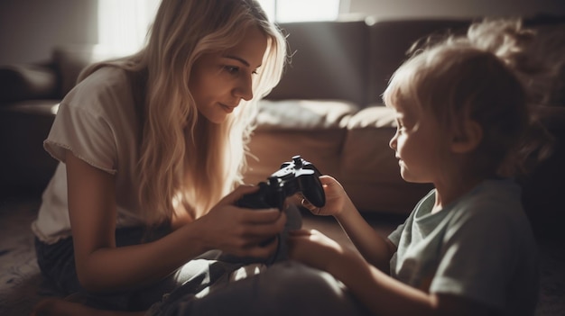 A mother and her son playing a video game together