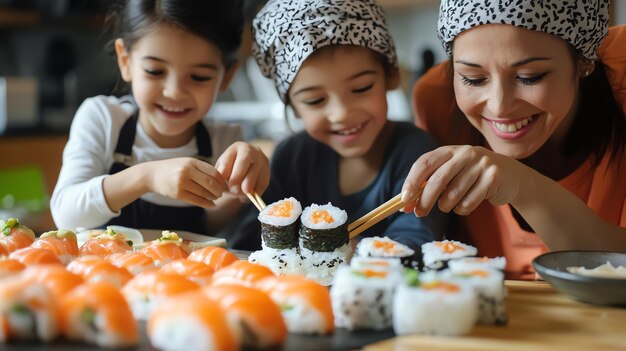 Photo a mother and her two daughters enjoy a meal of sushi