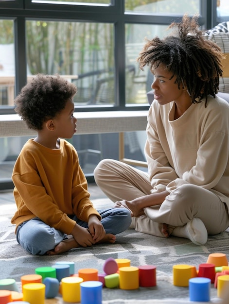 A mother and her young child sit together on the floor in a moment of intimacy