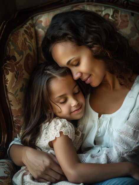 A mother and her young daughter sitting together on a comfortable couch sharing a moment