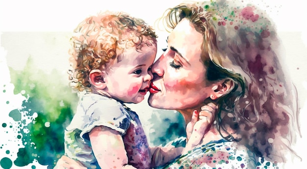 Mother holding a baby mother's day watercolor drawing Generative Ai