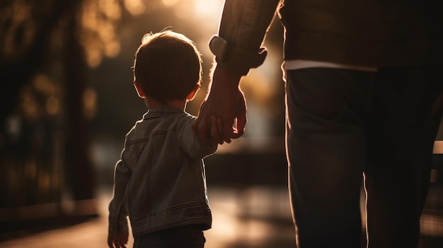 A mother holding a child's hand and the word love on the side of the image.