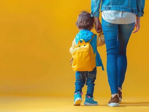 Mother holding hands with her child both wearing denim walking to school with a yellow backpack