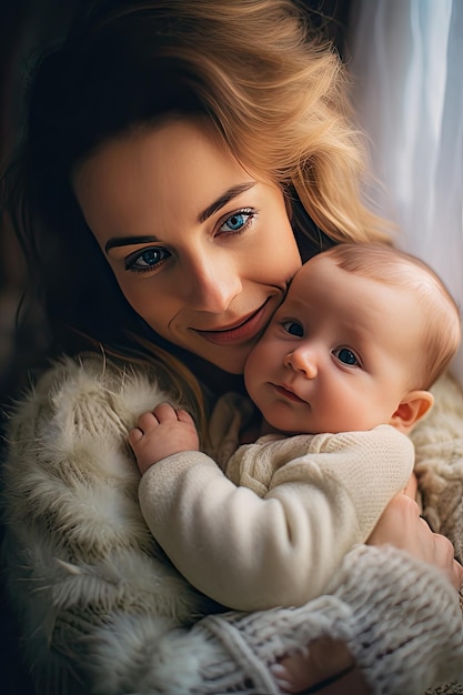 A mother holding her baby with a white sweater