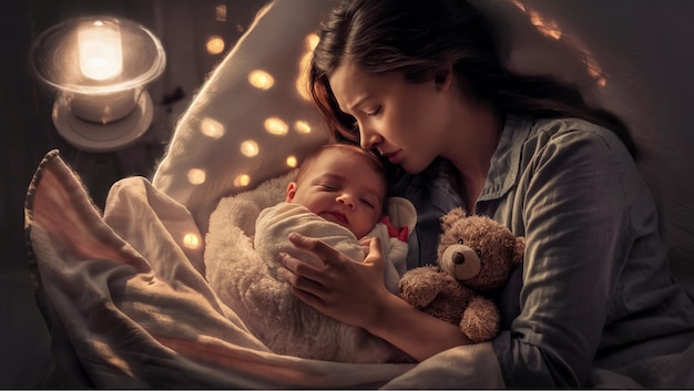 mother holding infant in bed