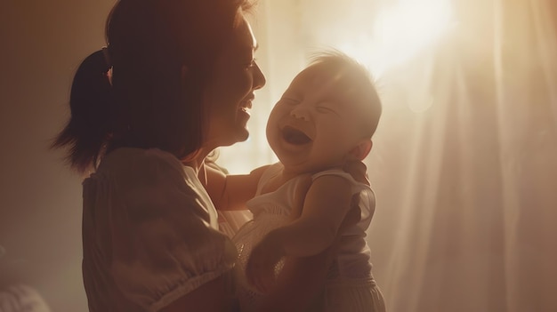 Mother holding laughing baby in home for love care and quality time together to nurt Generative AI