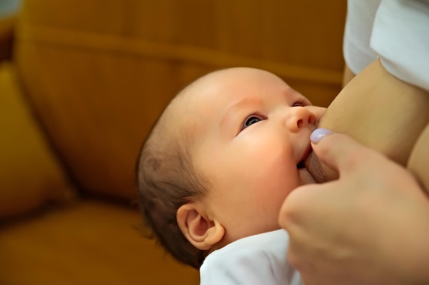 Mother holds the child baby in her arms feeding a newborn with breast milk mother is breastfeeding natural breast milk