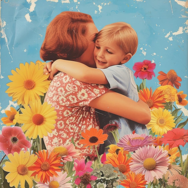 Mother hugging child flower portrait collage