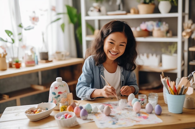 A mother is teaching her daughter to dye and decorate eggs with watercolors for the Easter holiday