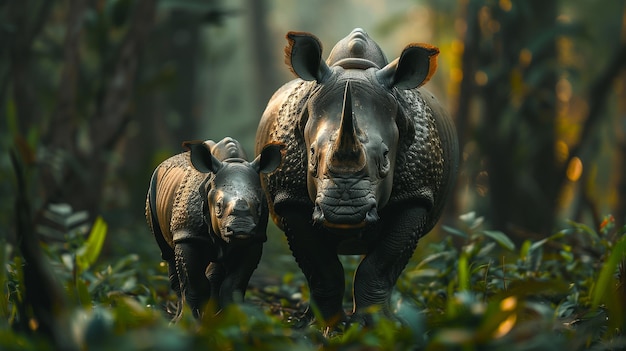 Photo mother javan rhinoceros and calf in dense ujung kulon forest