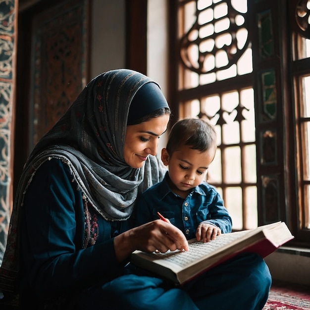 Mother and kid reading quran