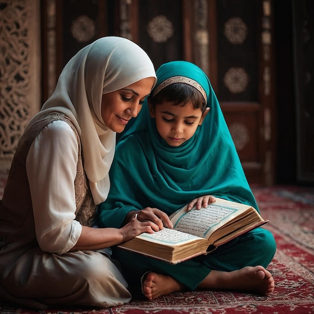 Mother and kid reading quran