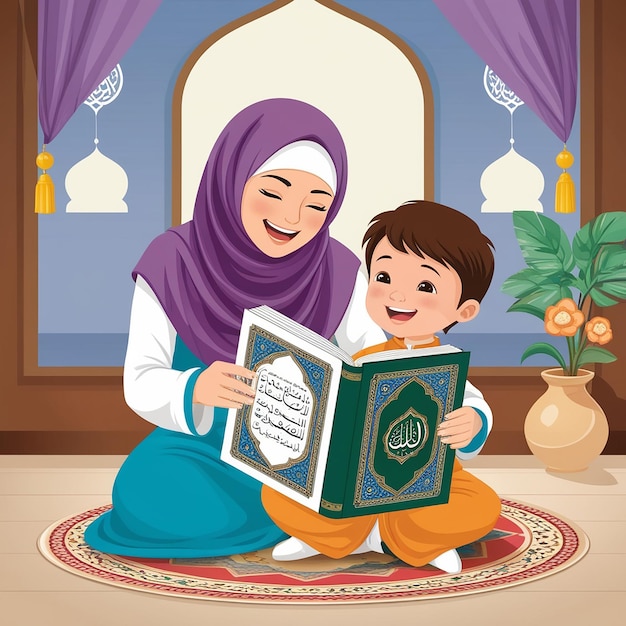 Photo mother and kid reading quran