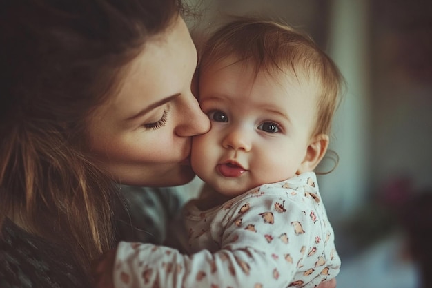 a mother kissing her baby with the baby on her lap