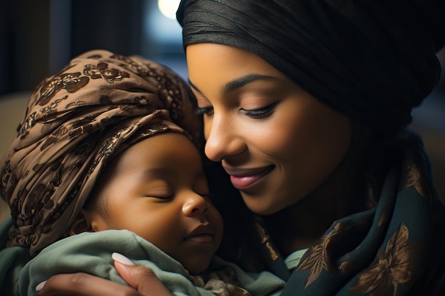 Mother kissing with her baby boy in her arms black woman multi ethnic baby giving birth