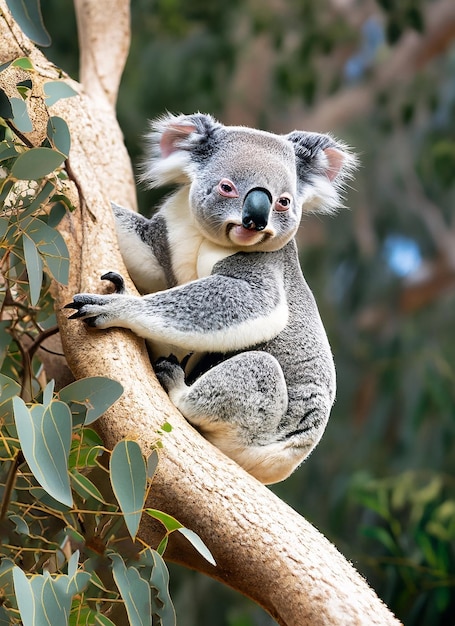 Mother koala with baby on her back on eucalyptus tree