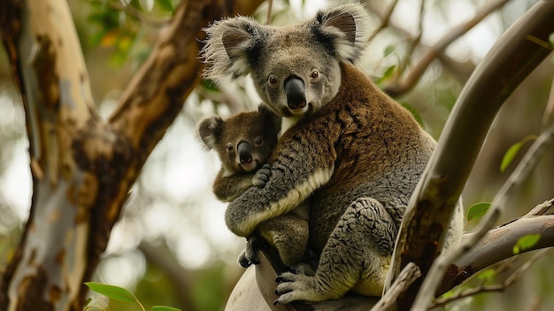 Mother koala with baby on her back